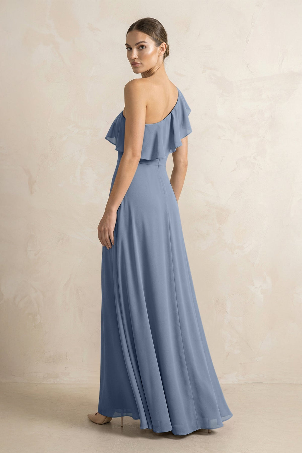 Ruffled One-Shoulder A-Line Chiffon Bridesmaid Dress in Neptune