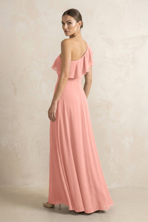 Ruffled One-Shoulder A-Line Chiffon Bridesmaid Dress in Rosette (2) | KISSBRIDAL