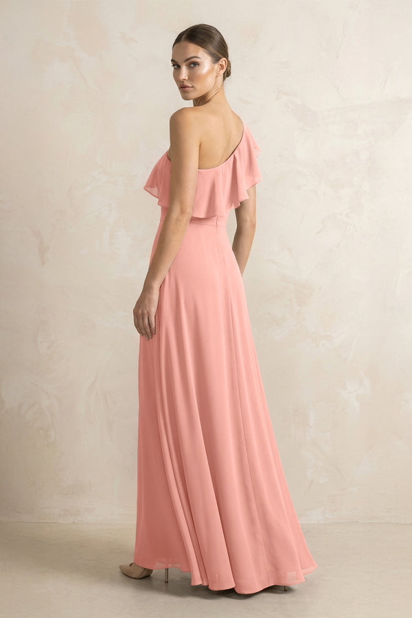 Ruffled One-Shoulder A-Line Chiffon Bridesmaid Dress in Rosette (2) | KISSBRIDAL