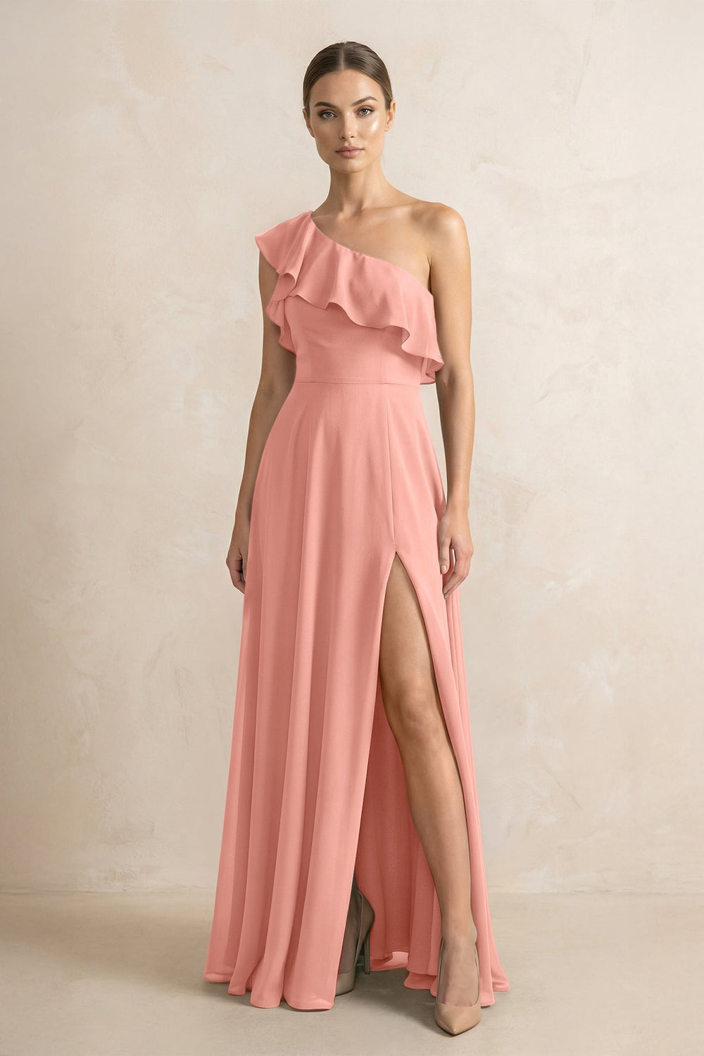 Ruffled One-Shoulder A-Line Chiffon Bridesmaid Dress in Rosette