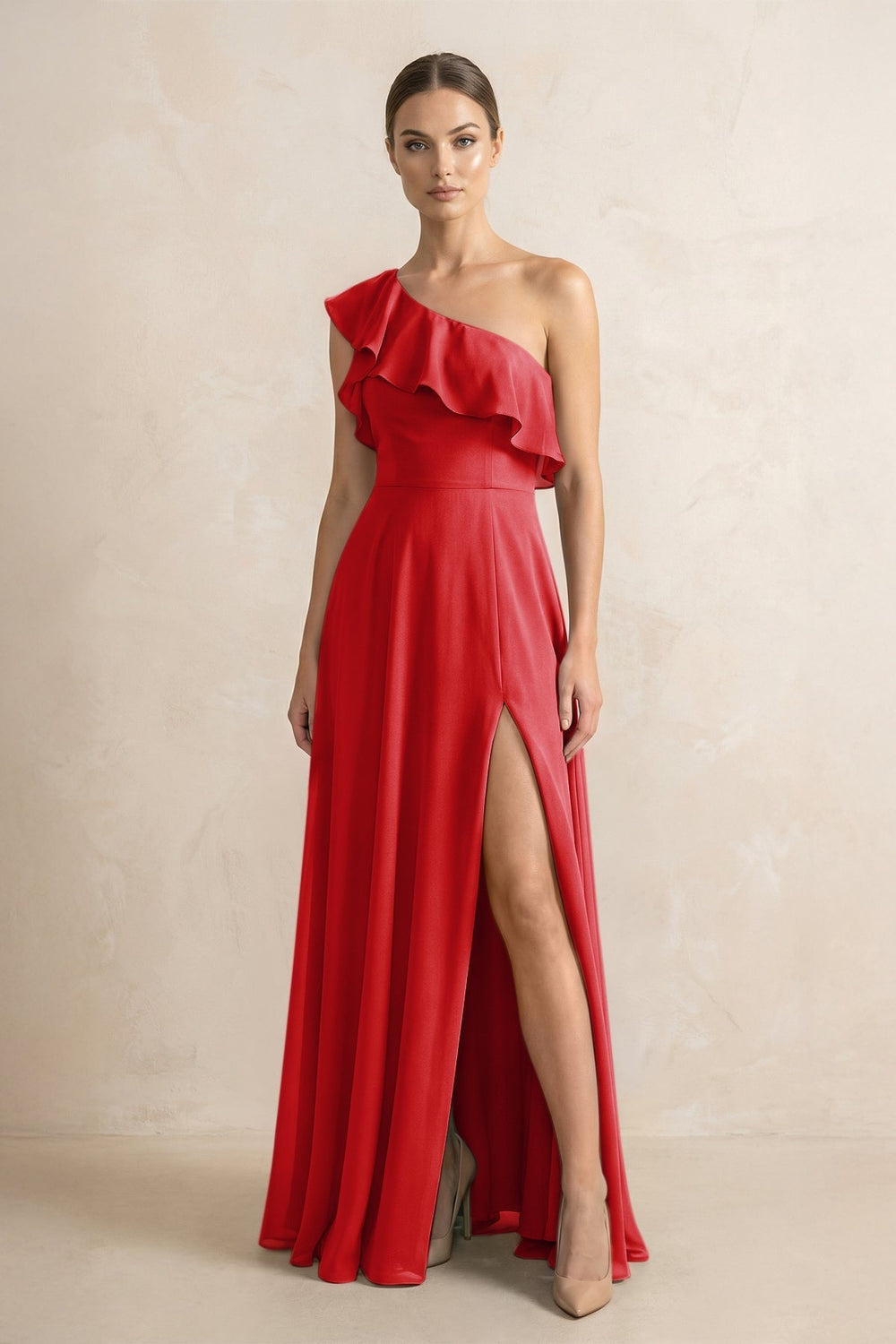 Ruffled One-Shoulder A-Line Chiffon Bridesmaid Dress in Ruby Red