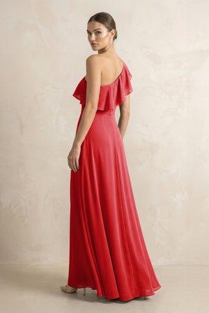 Ruffled One - Shoulder A - Line Chiffon Bridesmaid Dress in Ruby Red - KISS BRIDAL Bridesmaid Dresses