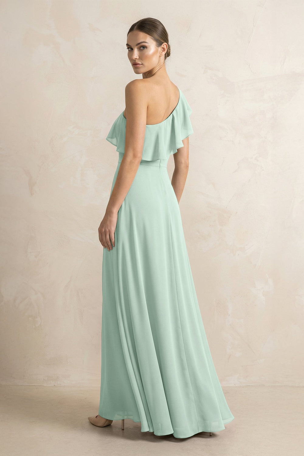 Ruffled One-Shoulder A-Line Chiffon Bridesmaid Dress in Sage
