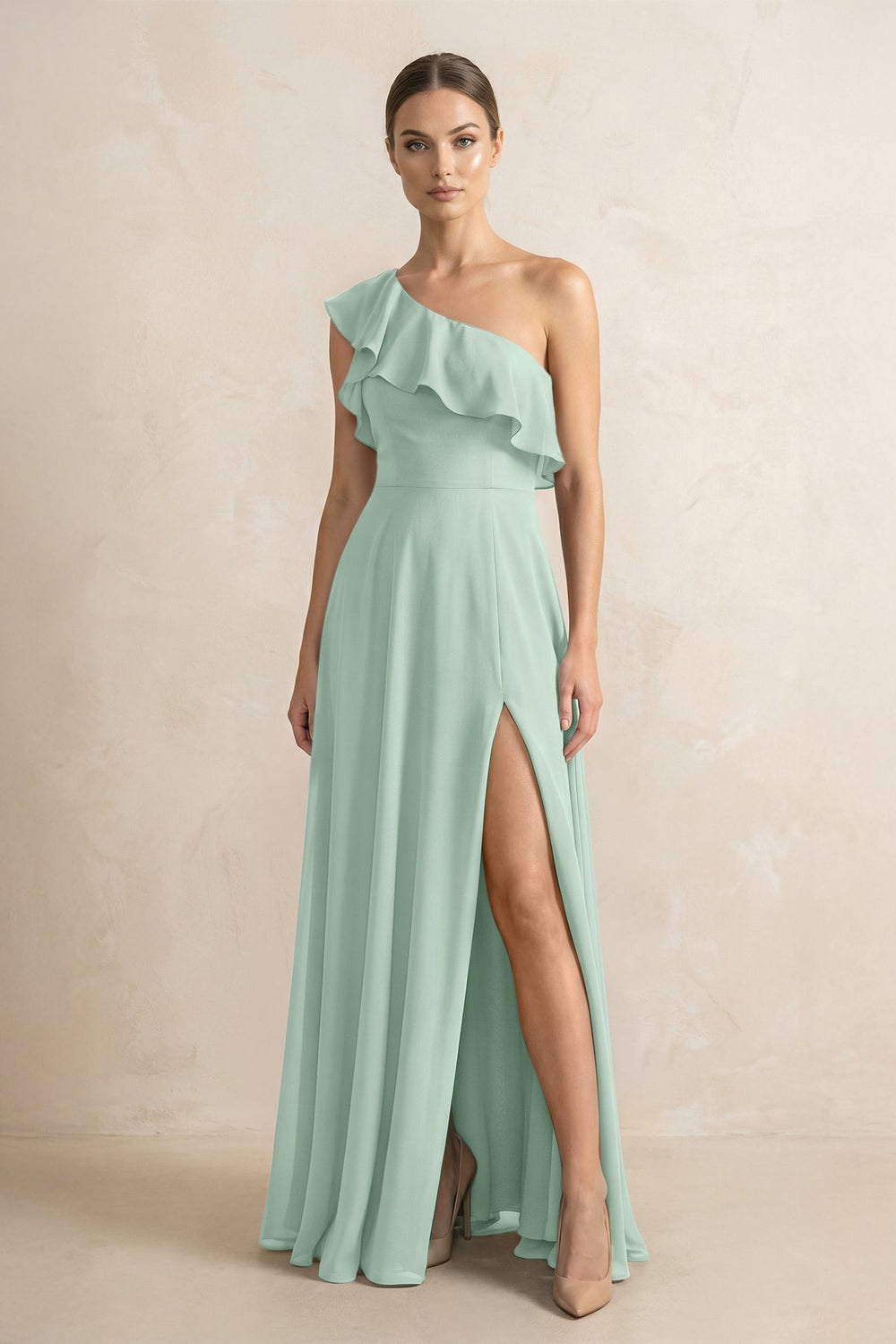 Ruffled One-Shoulder A-Line Chiffon Bridesmaid Dress in Sage
