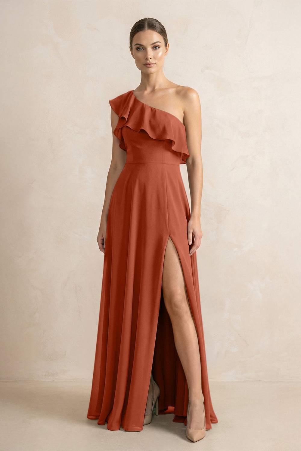 Ruffled One-Shoulder A-Line Chiffon Bridesmaid Dress in Spice