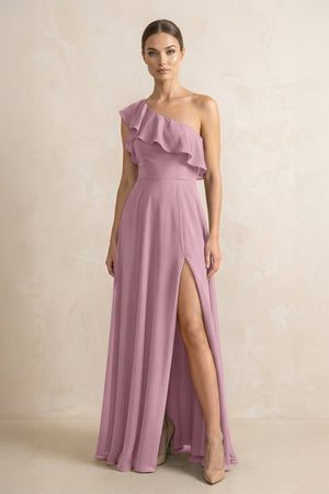 Ruffled One-Shoulder A-Line Chiffon Bridesmaid Dress in Vintage Mauve | KISSBRIDAL