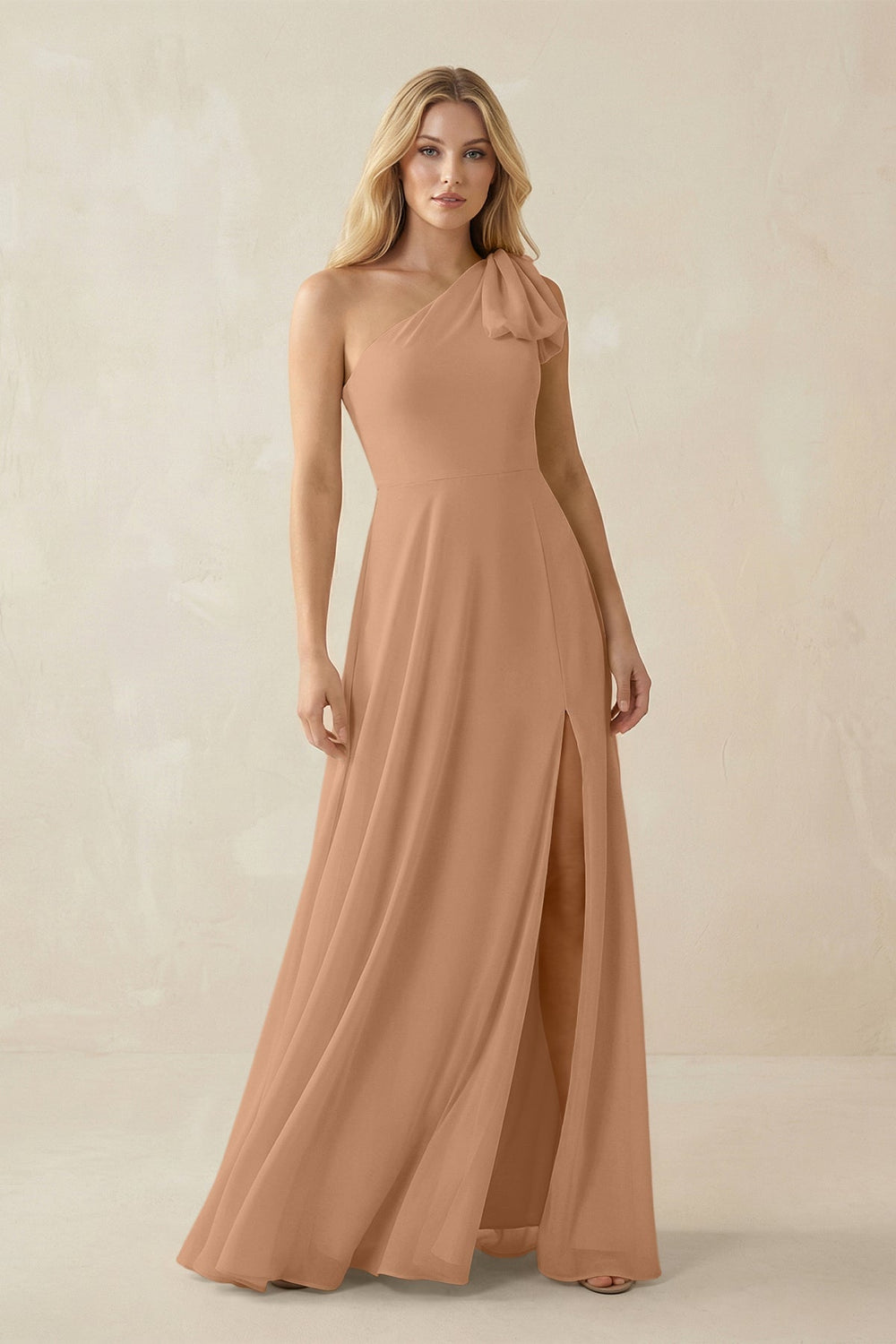 Ruffled One Shoulder Chiffon Bridesmaid Dress With Slit in Bronzer