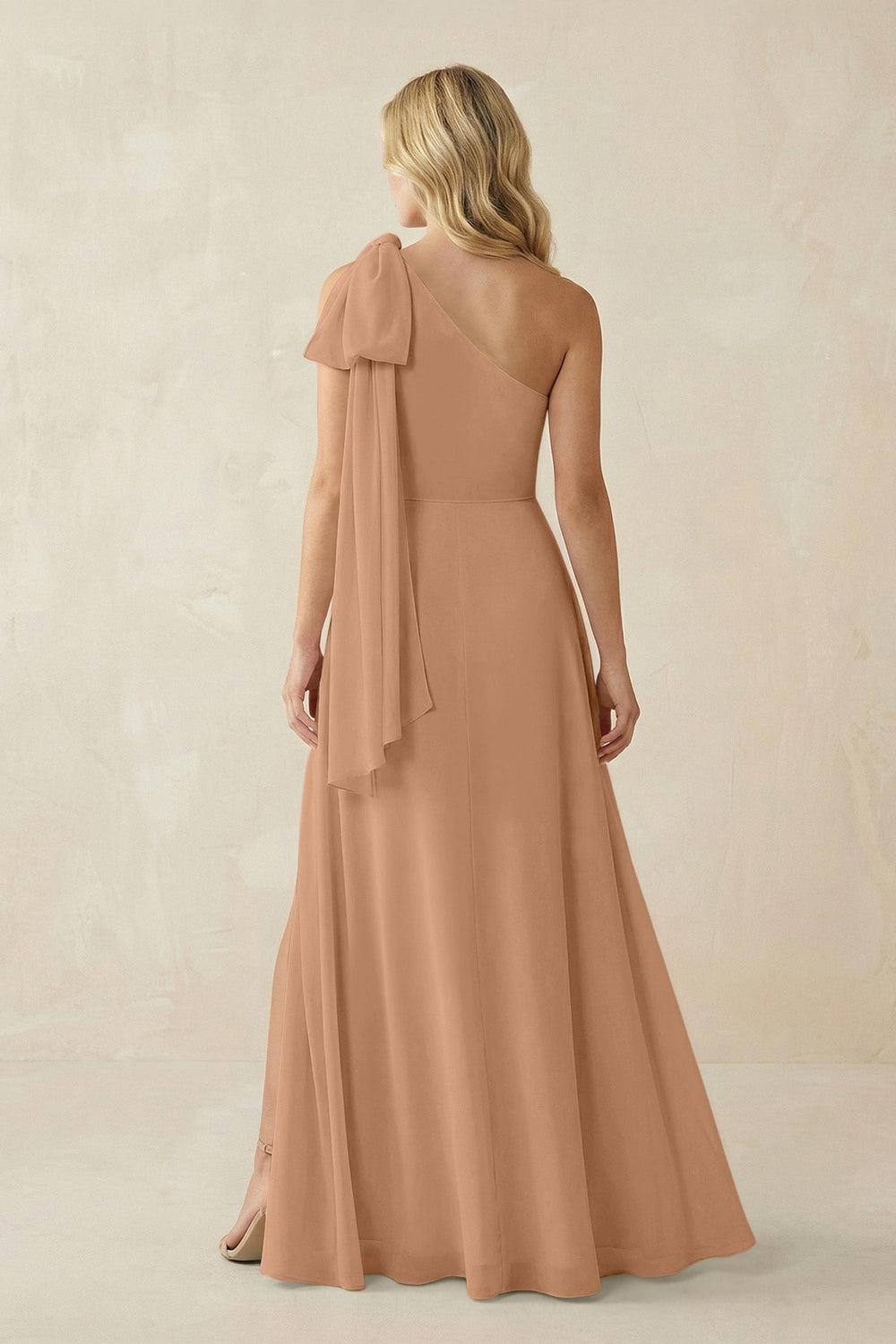 Ruffled One Shoulder Chiffon Bridesmaid Dress With Slit in Bronzer
