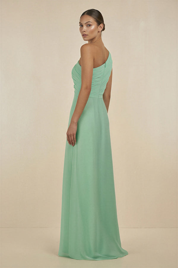 Ruffled One-Shoulder Pleated Sheath Bridesmaid Dress in Pale Pistachio - KISS BRIDAL BRIDESMAID DRESSES