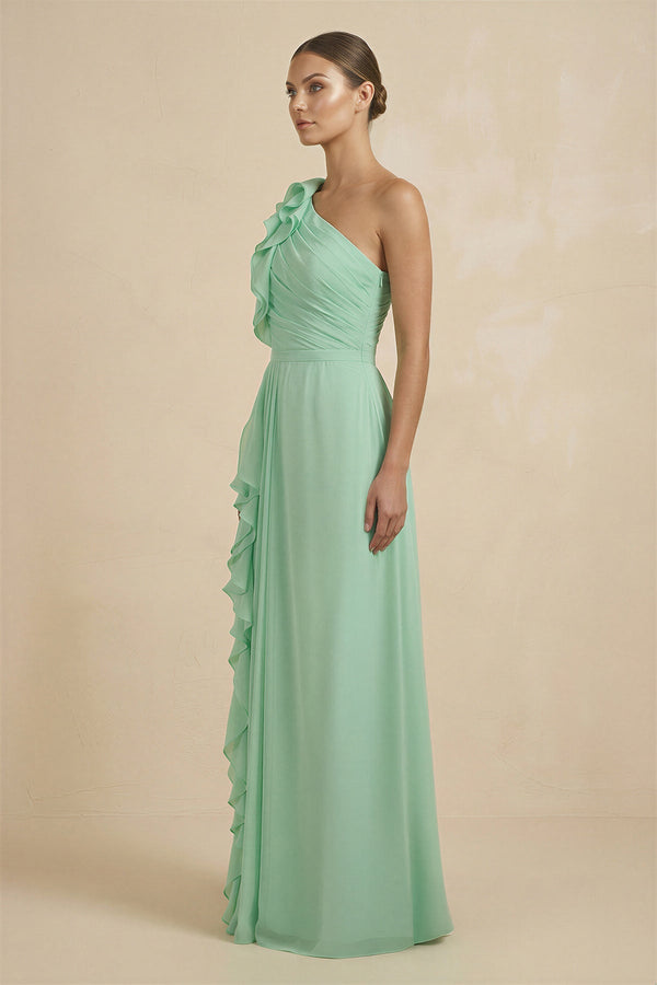 Ruffled One-Shoulder Pleated Sheath Bridesmaid Dress in Pale Pistachio - KISS BRIDAL BRIDESMAID DRESSES