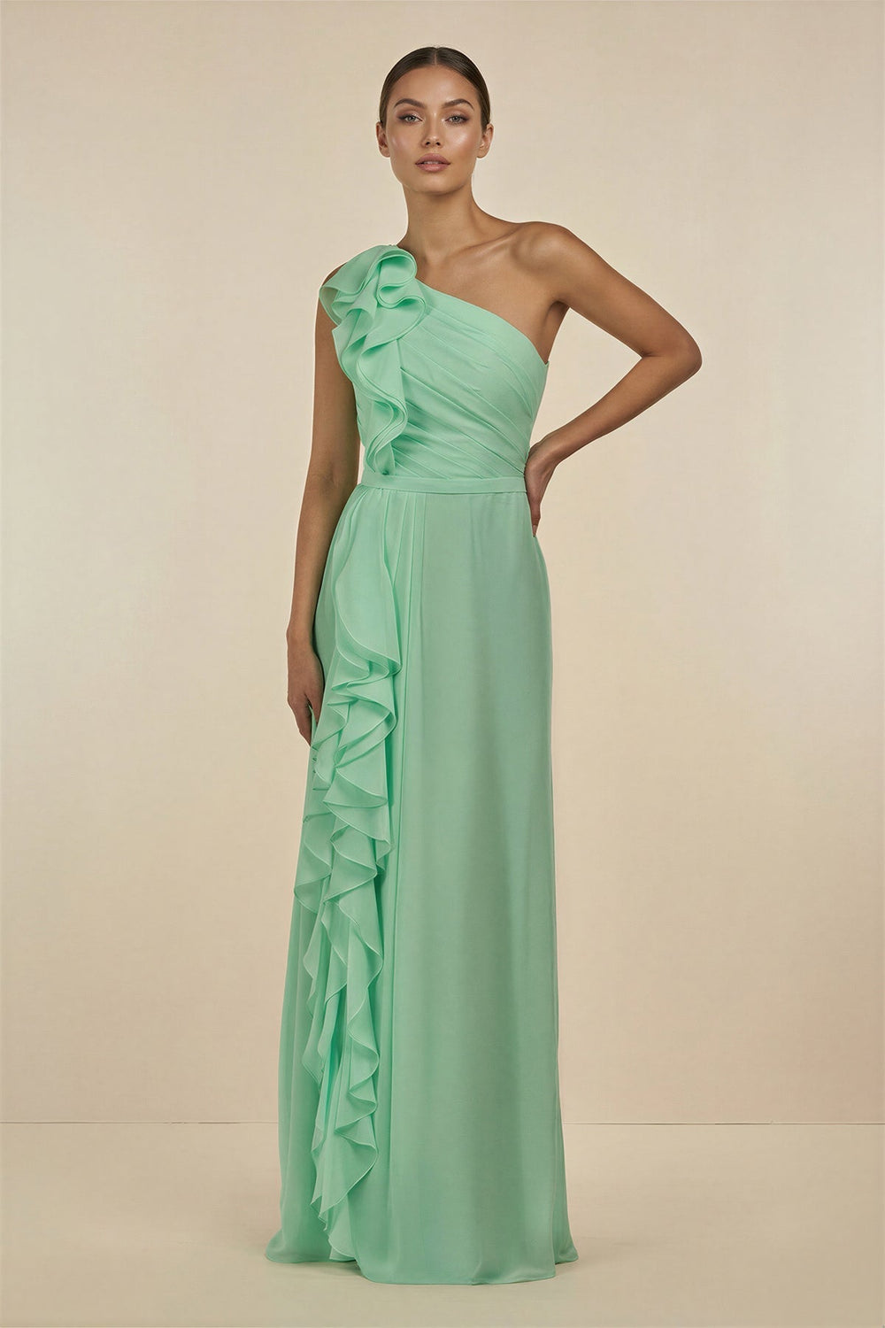 Ruffled One-Shoulder Pleated Sheath Bridesmaid Dress in Pale Pistachio