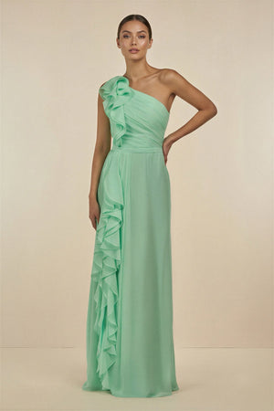 Ruffled One-Shoulder Pleated Sheath Bridesmaid Dress in Pale Pistachio - KISS BRIDAL BRIDESMAID DRESSES