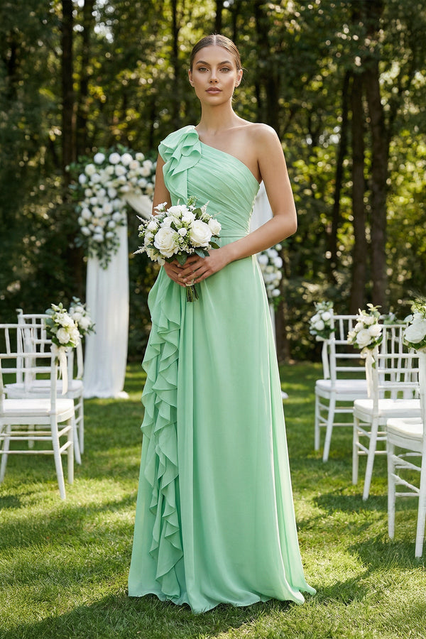 Ruffled One-Shoulder Pleated Sheath Bridesmaid Dress in Pale Pistachio - KISS BRIDAL BRIDESMAID DRESSES