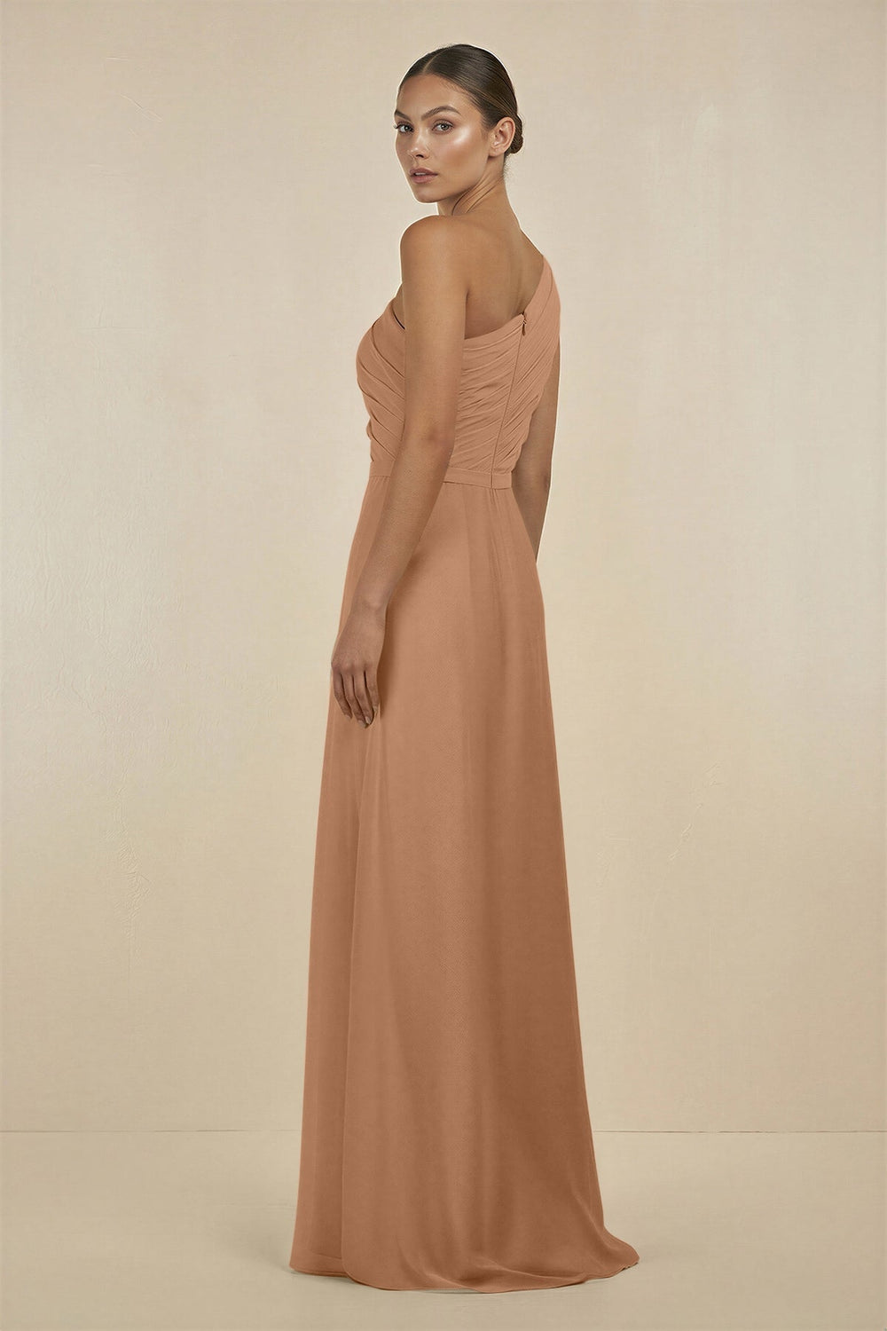 Ruffled One-Shoulder Pleated Sheath Bridesmaid Dress in Bronzer