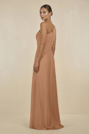 Ruffled One - Shoulder Pleated Sheath Bridesmaid Dress in Bronzer - KISS BRIDAL Bridesmaid Dresses