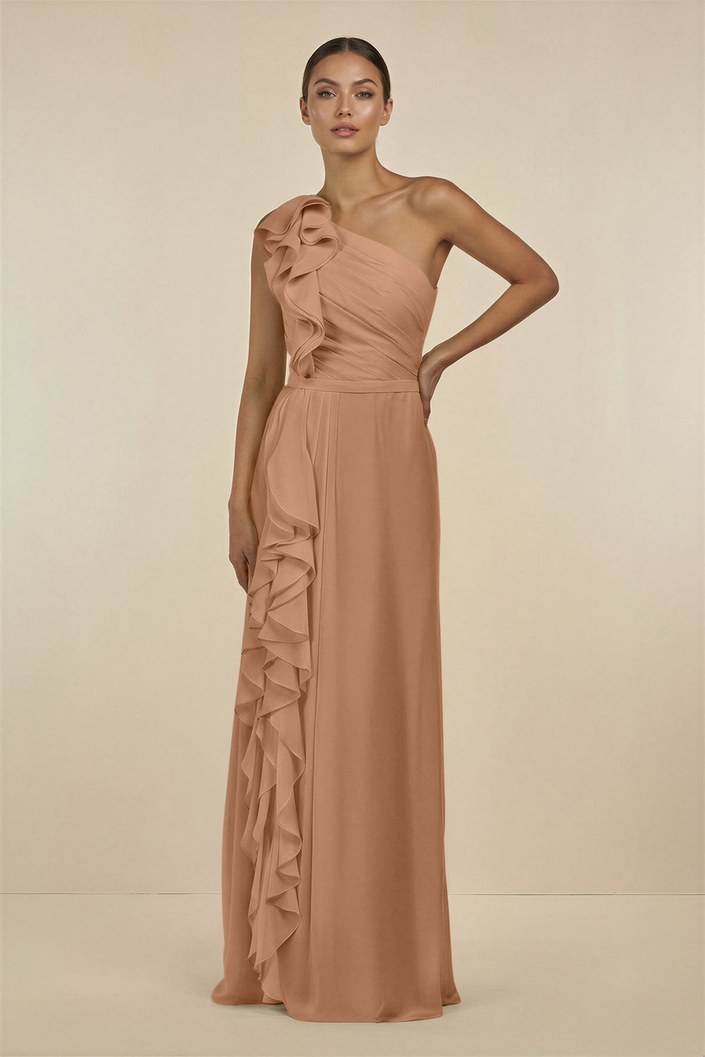 Ruffled One-Shoulder Pleated Sheath Bridesmaid Dress in Bronzer