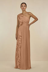 Ruffled One - Shoulder Pleated Sheath Bridesmaid Dress in Bronzer - KISS BRIDAL Bridesmaid Dresses