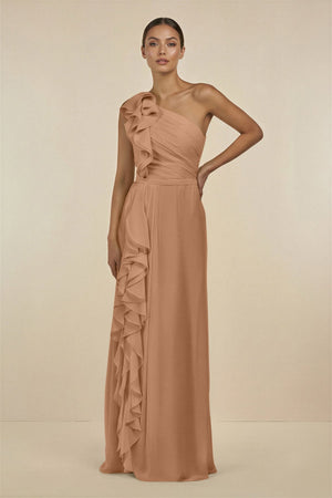 Ruffled One - Shoulder Pleated Sheath Bridesmaid Dress in Bronzer - KISS BRIDAL Bridesmaid Dresses