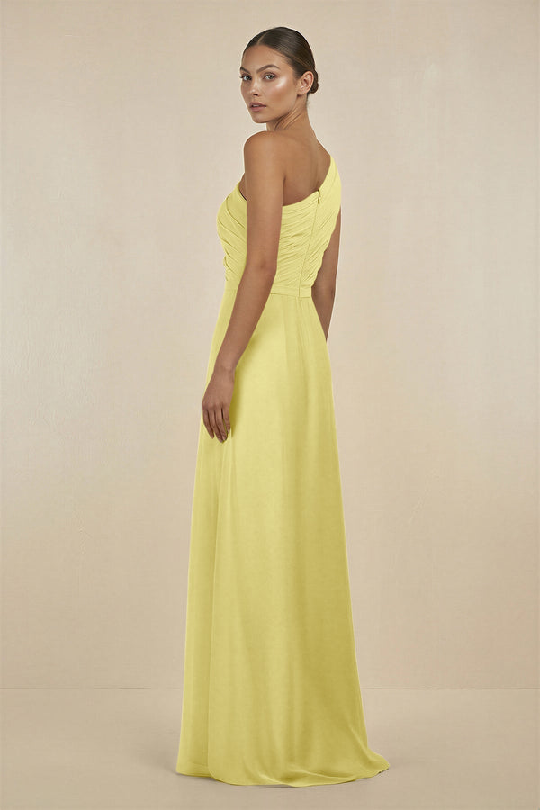 Ruffled One - Shoulder Pleated Sheath Bridesmaid Dress in Buttercup - KISS BRIDAL Bridesmaid Dresses