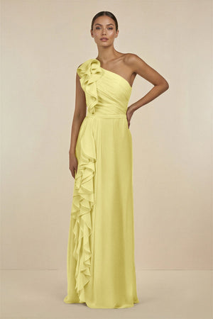 Ruffled One - Shoulder Pleated Sheath Bridesmaid Dress in Buttercup - KISS BRIDAL Bridesmaid Dresses