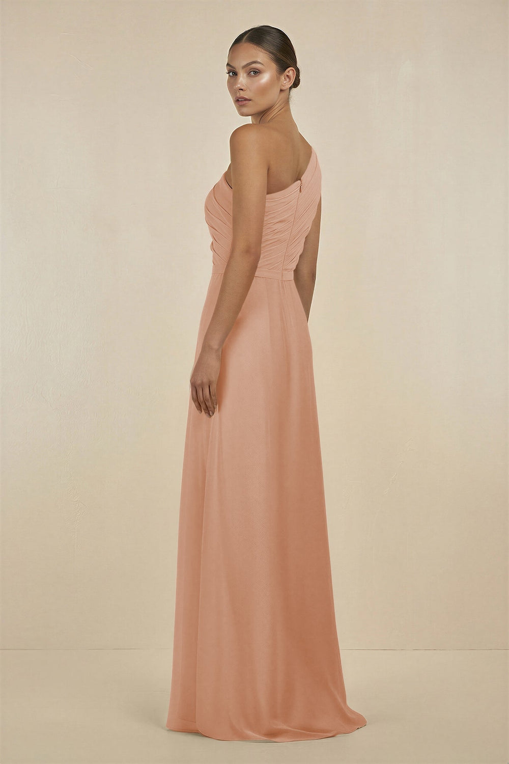 Ruffled One-Shoulder Pleated Sheath Bridesmaid Dress in Champagne Rose