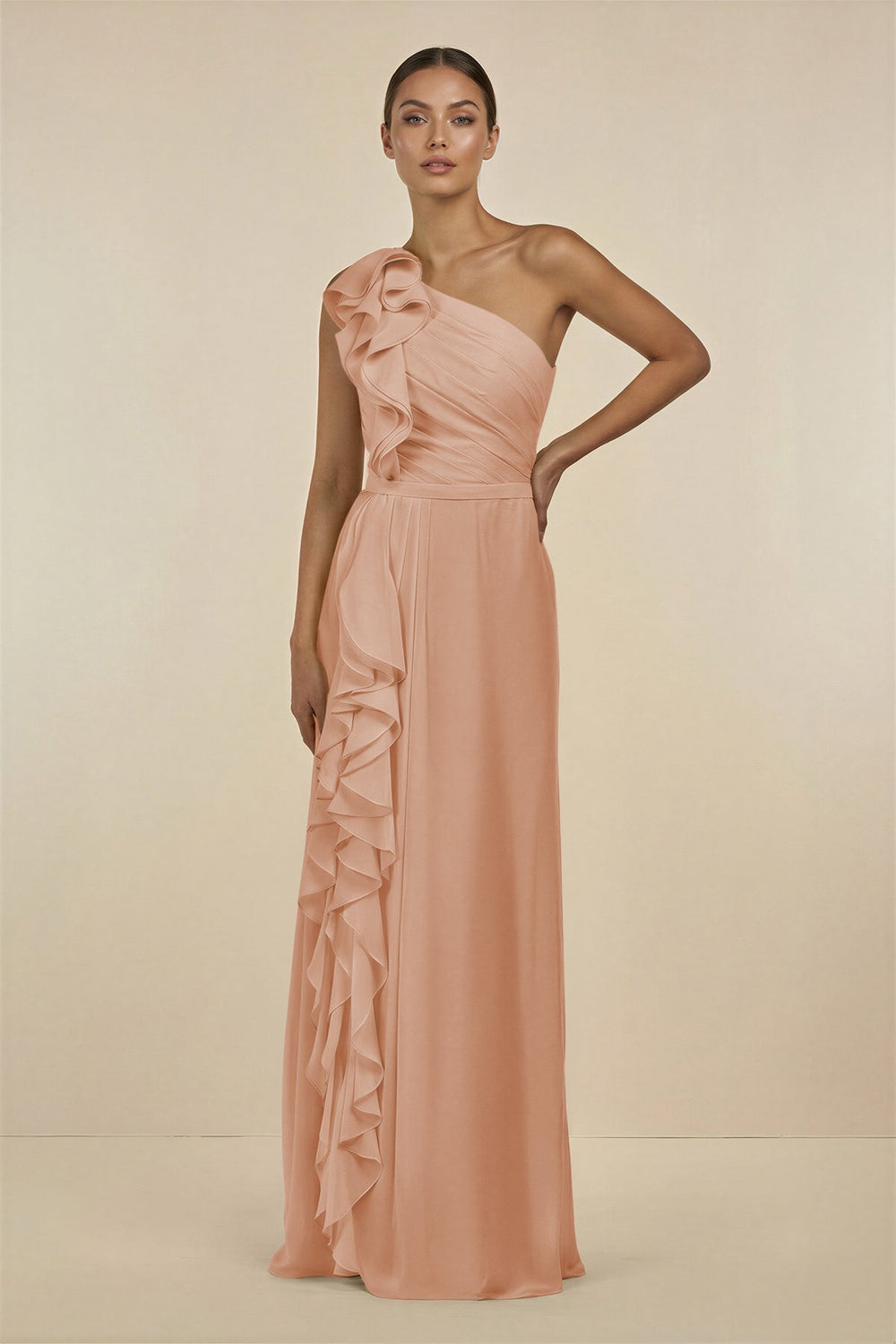 Ruffled One-Shoulder Pleated Sheath Bridesmaid Dress in Champagne Rose