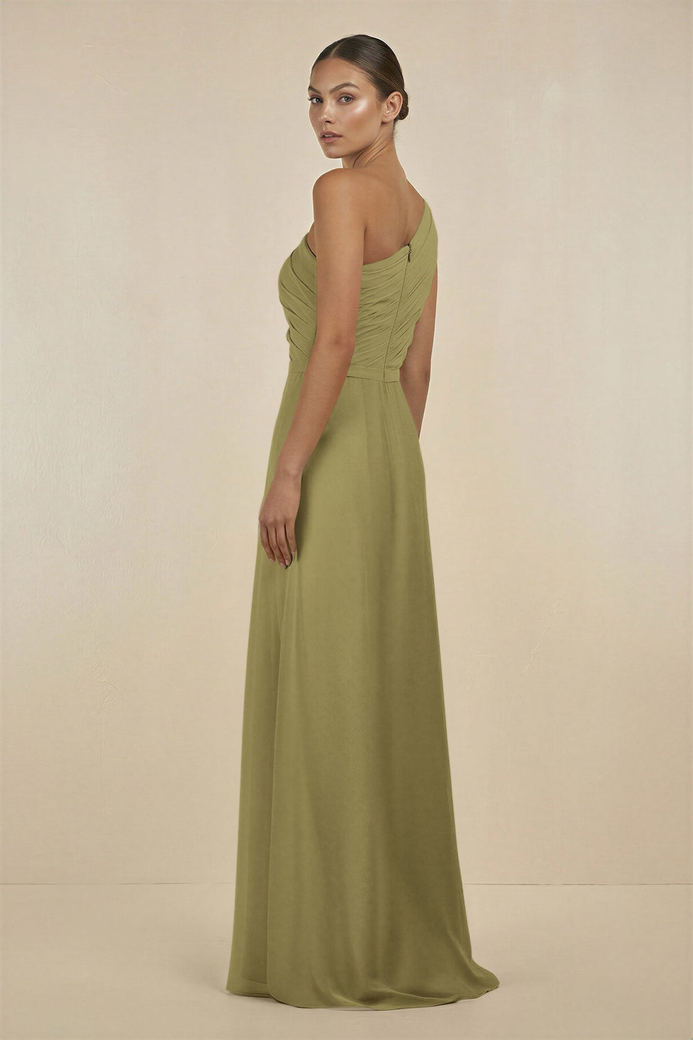 Ruffled One-Shoulder Pleated Sheath Bridesmaid Dress in Moss Green