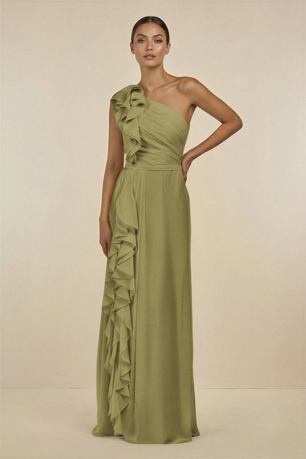 Ruffled One-Shoulder Pleated Sheath Bridesmaid Dress in Moss Green