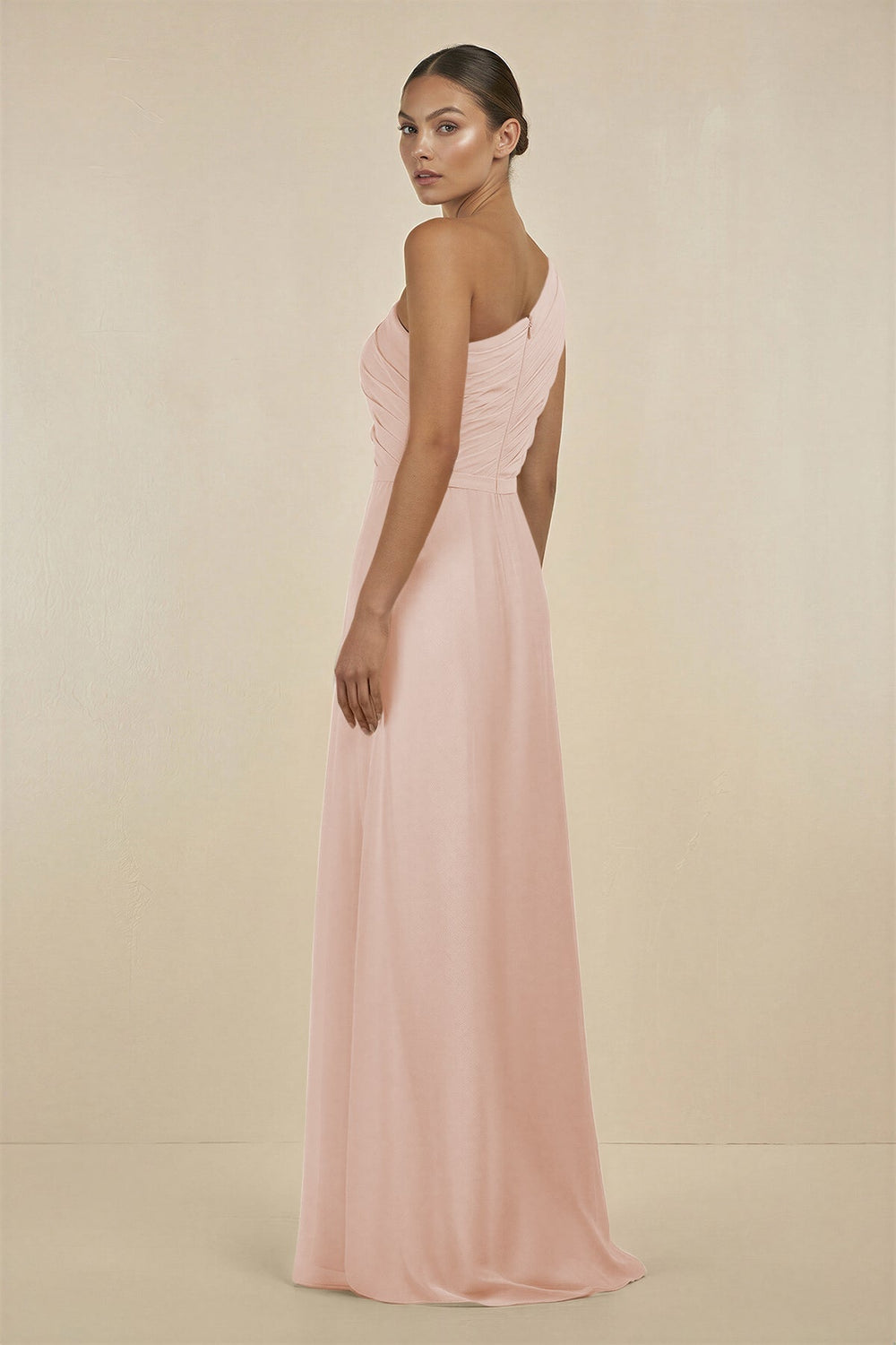 Ruffled One-Shoulder Pleated Sheath Bridesmaid Dress in Pale Blush