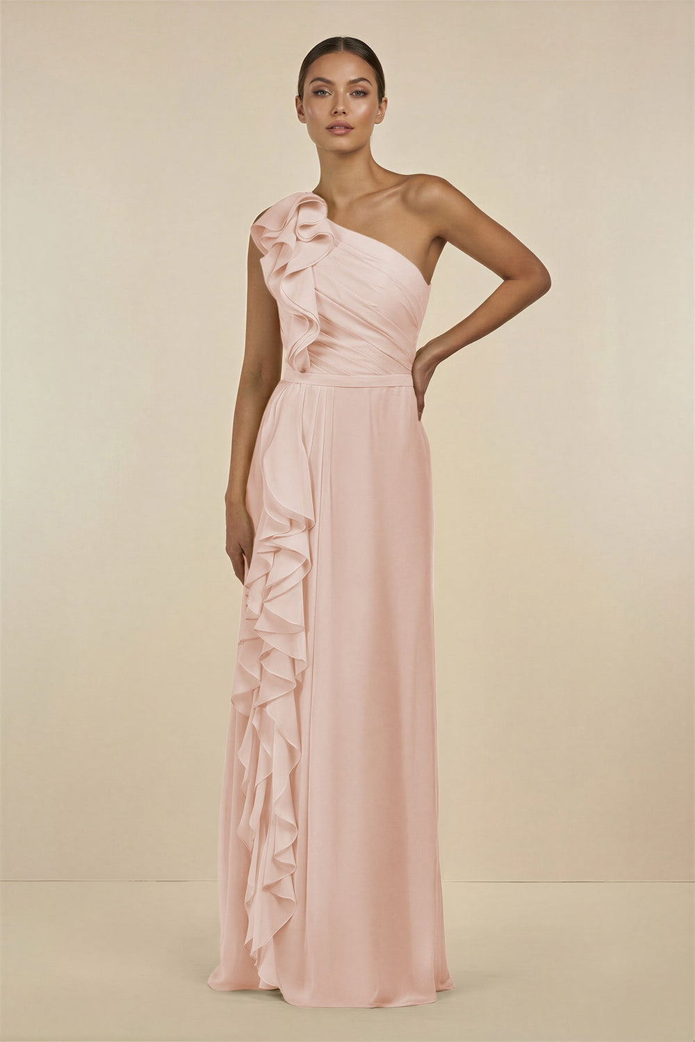 Ruffled One-Shoulder Pleated Sheath Bridesmaid Dress in Pale Blush