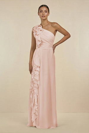 Ruffled One - Shoulder Pleated Sheath Bridesmaid Dress in Pale Blush - KISS BRIDAL Bridesmaid Dresses