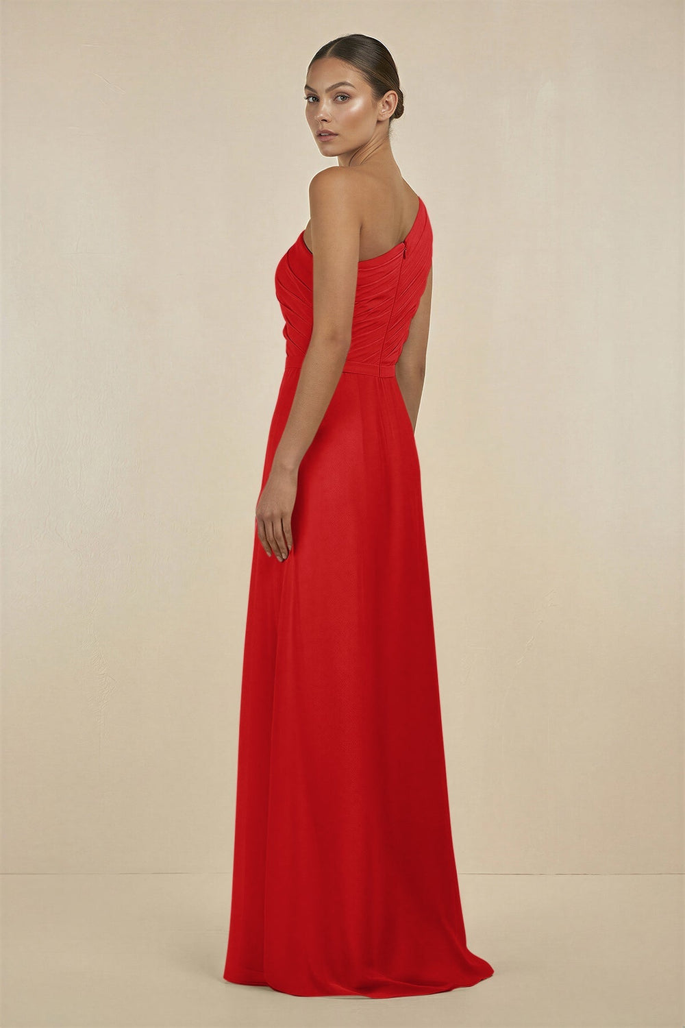 Ruffled One-Shoulder Pleated Sheath Bridesmaid Dress in Ruby Red