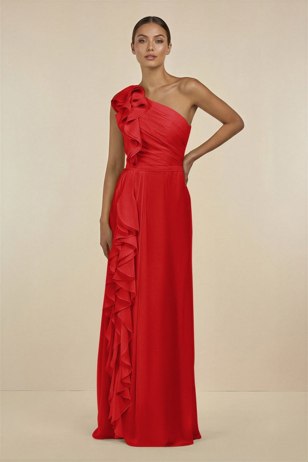 Ruffled One-Shoulder Pleated Sheath Bridesmaid Dress in Ruby Red
