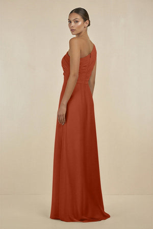 Ruffled One - Shoulder Pleated Sheath Bridesmaid Dress in Spice - KISS BRIDAL Bridesmaid Dresses