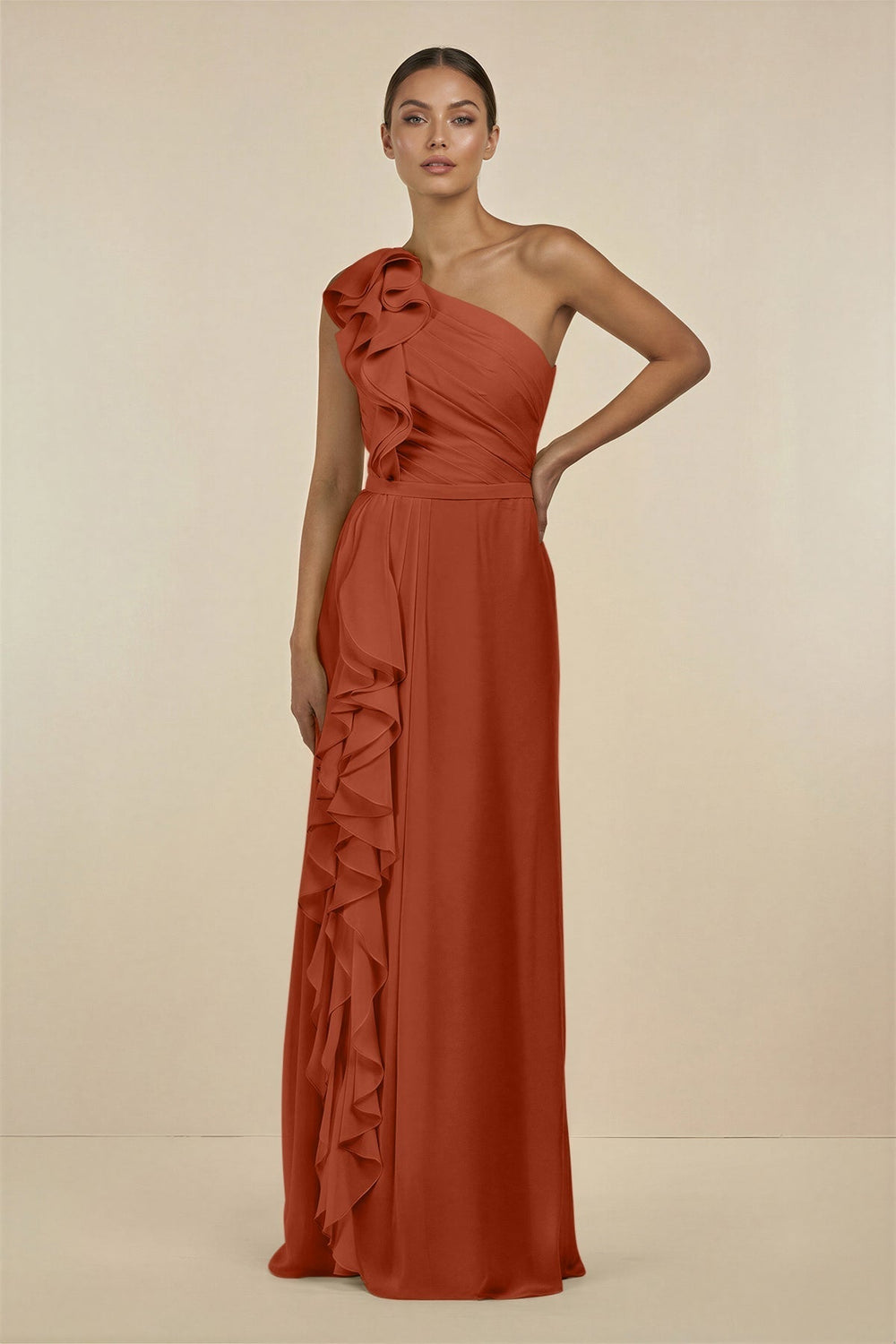Ruffled One-Shoulder Pleated Sheath Bridesmaid Dress in Spice