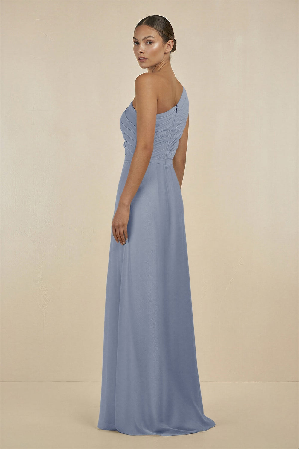Ruffled One-Shoulder Pleated Sheath Bridesmaid Dress in Twilight