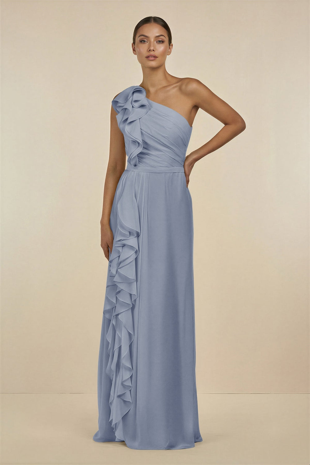 Ruffled One-Shoulder Pleated Sheath Bridesmaid Dress in Twilight