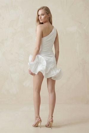 Ruffled One - Shoulder Satin Mini Wedding Dress in White - KISS BRIDAL Wedding Dresses