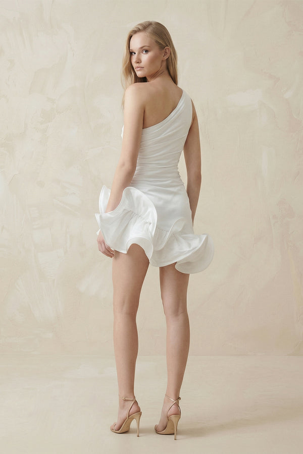 Ruffled One - Shoulder Satin Mini Wedding Dress in White - KISS BRIDAL Wedding Dresses