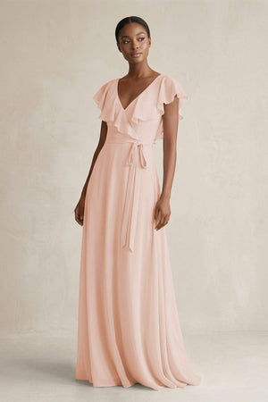 A-Line V-Neck Ruffled Sleeve Chiffon Bridesmaid Dress in Pale Blush - KISS BRIDAL BRIDESMAID DRESSES