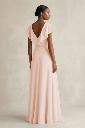 A-Line V-Neck Ruffled Sleeve Chiffon Bridesmaid Dress in Pale Blush - KISS BRIDAL BRIDESMAID DRESSES