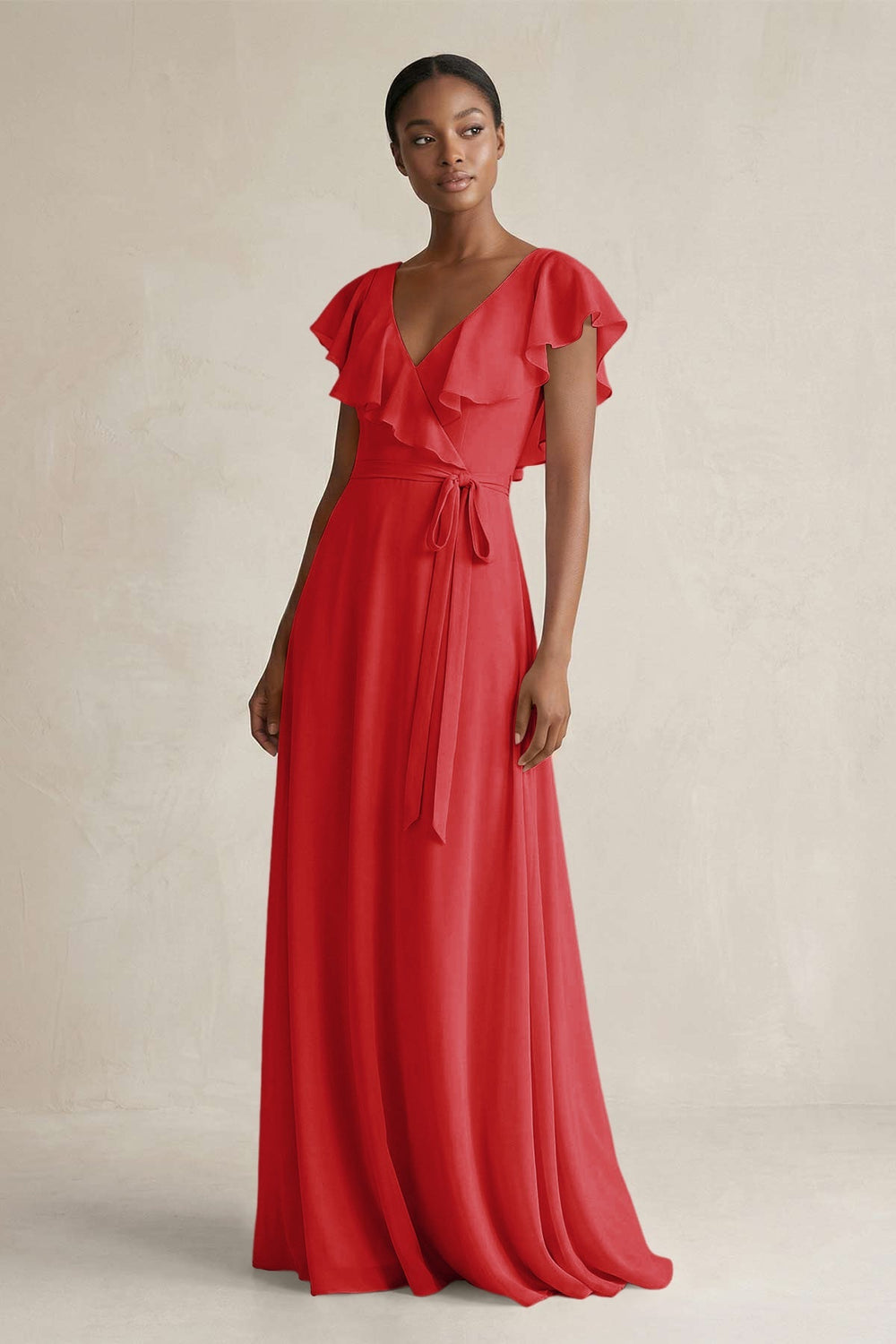 A-Line V-Neck Ruffled Sleeve Chiffon Bridesmaid Dress in Ruby Red