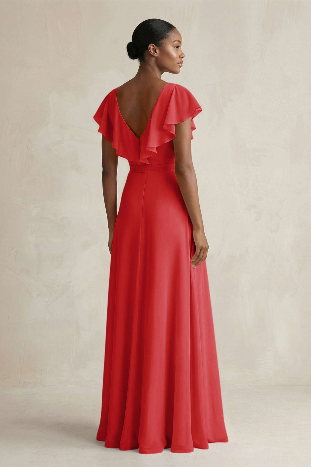 A-Line V-Neck Ruffled Sleeve Chiffon Bridesmaid Dress in Ruby Red