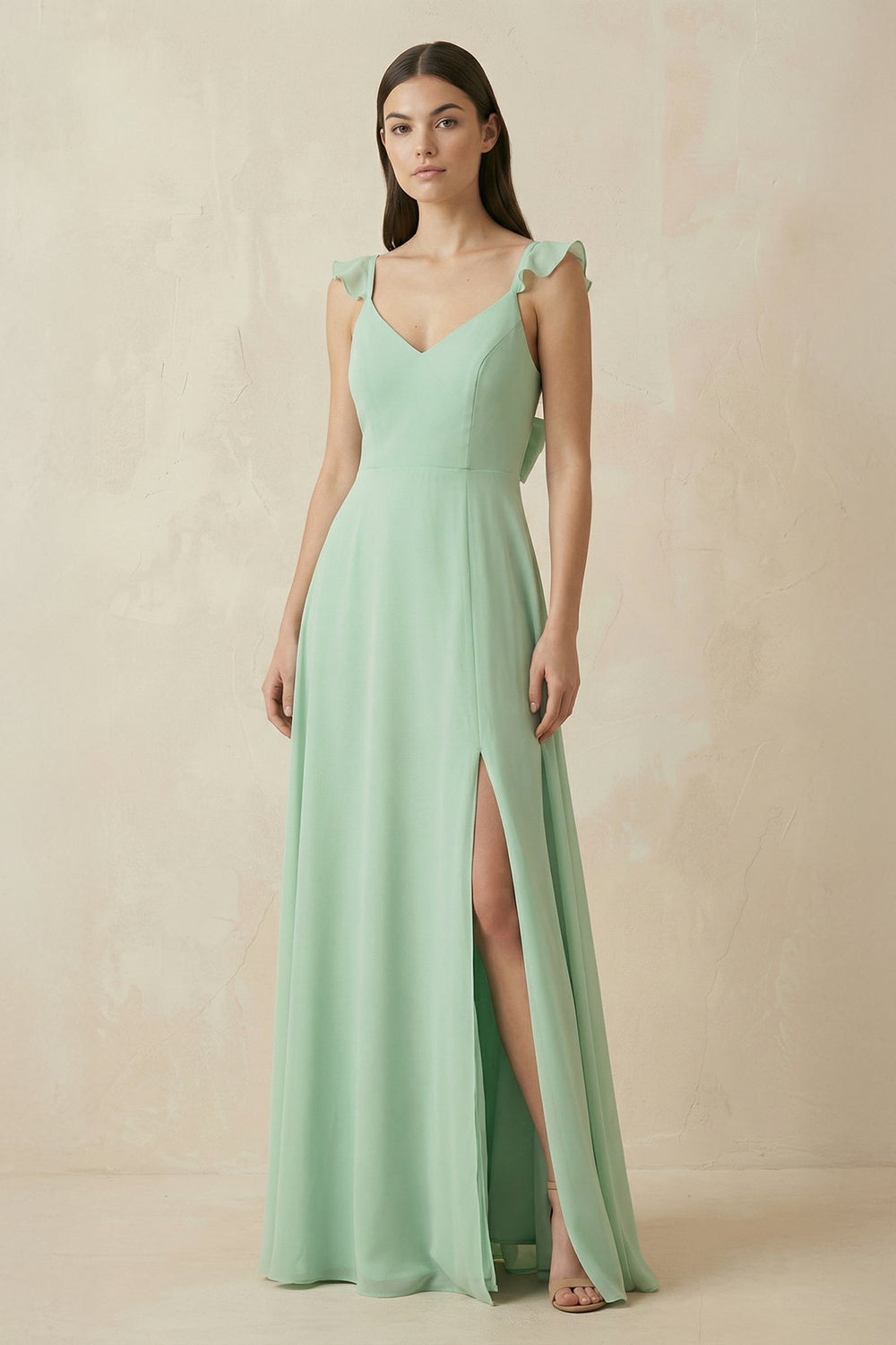 Ruffled Sleeve A-Line Chiffon Bridesmaid Dress in Pale Pistachio