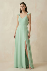 Ruffled Sleeve A - Line Chiffon Bridesmaid Dress - KISS BRIDAL Bridesmaid Dresses