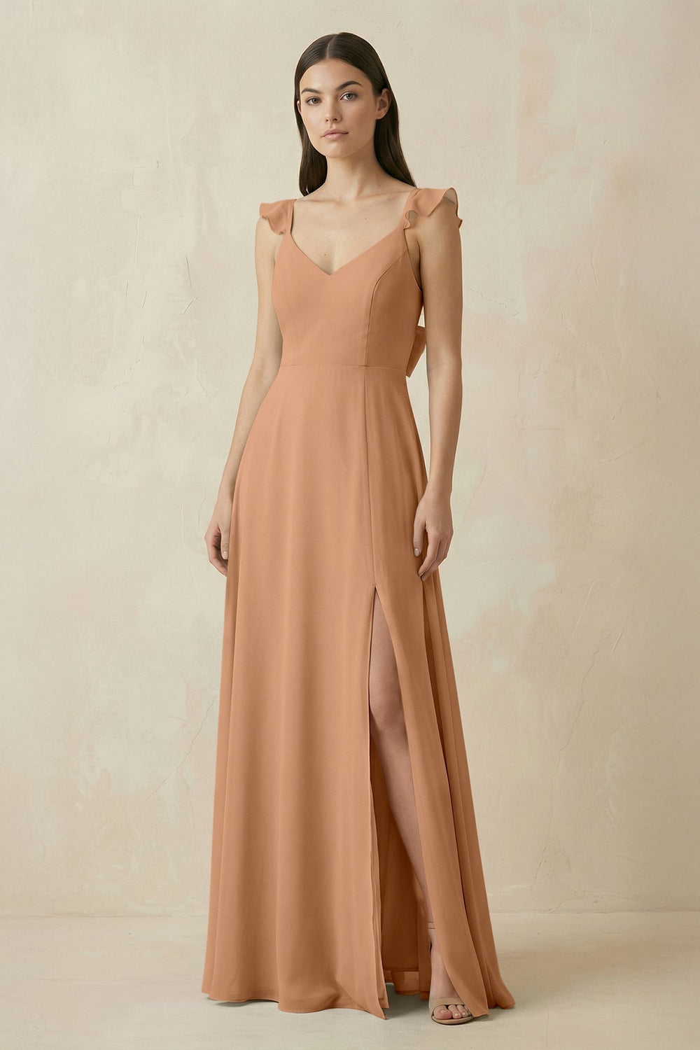 Ruffled Sleeve A-Line Chiffon Bridesmaid Dress in Bronzer