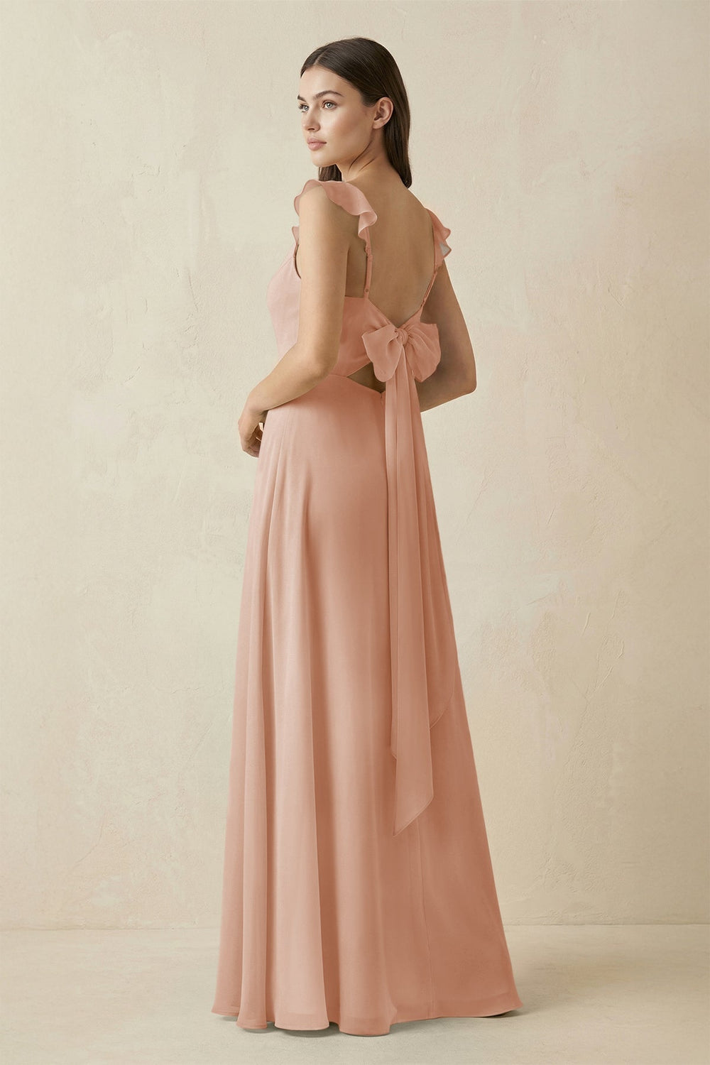 Ruffled Sleeve A-Line Chiffon Bridesmaid Dress in Champagne Rose