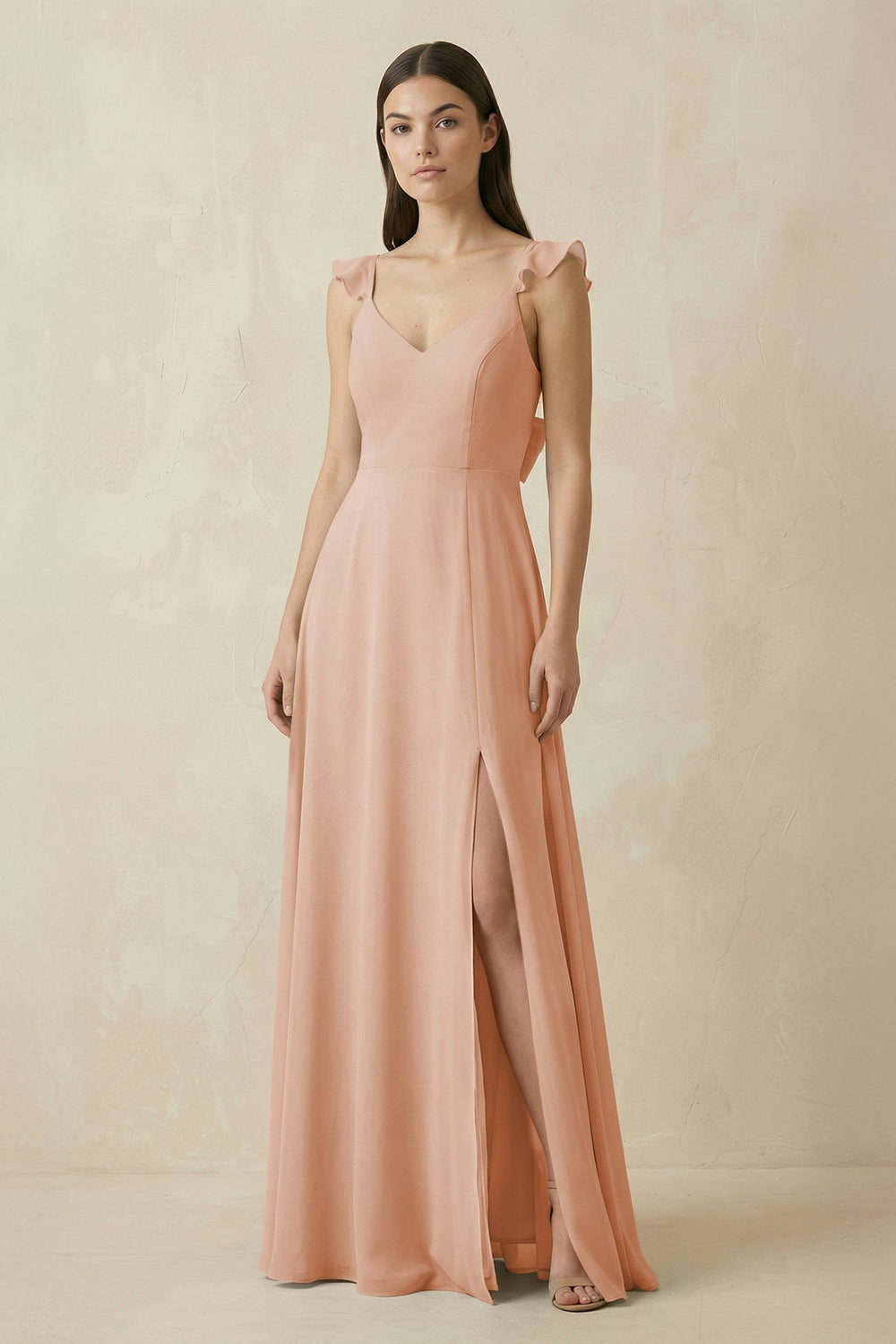 Ruffled Sleeve A-Line Chiffon Bridesmaid Dress in Champagne Rose