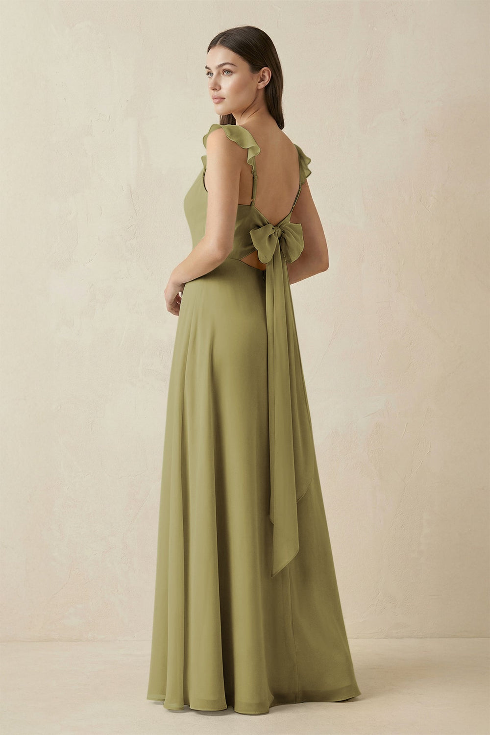Ruffled Sleeve A-Line Chiffon Bridesmaid Dress in Moss Green