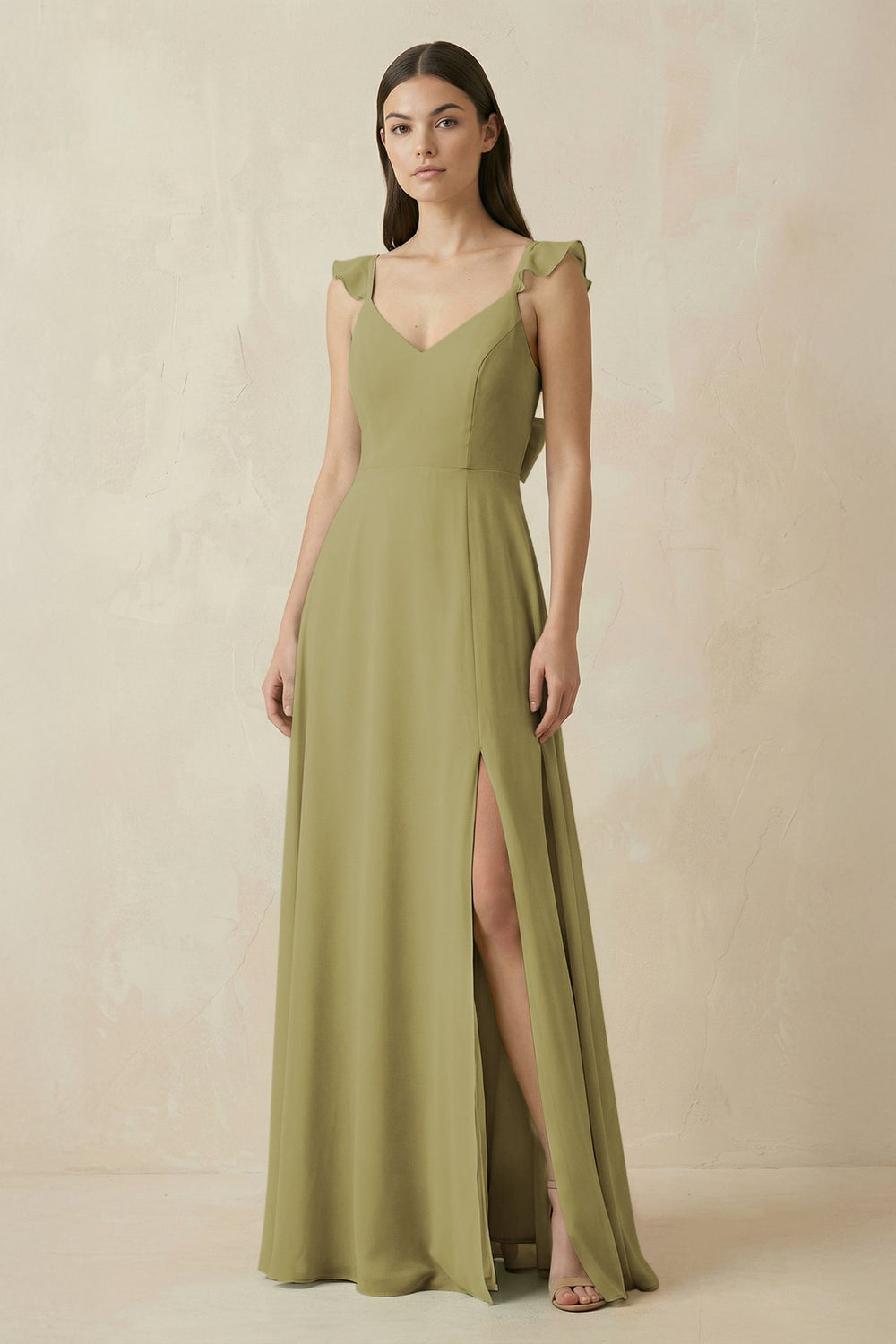 Ruffled Sleeve A-Line Chiffon Bridesmaid Dress in Moss Green